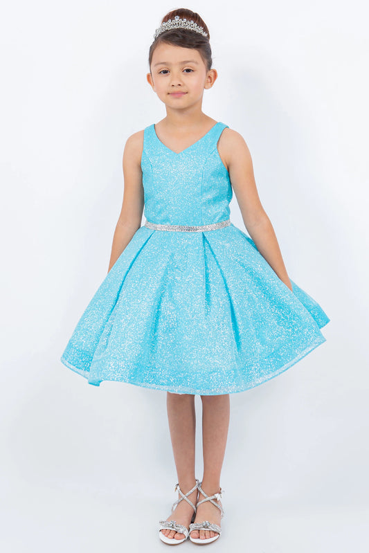 Showcasing with a glittered pleated skirt, this Blue kids party dress displays elegant detail.