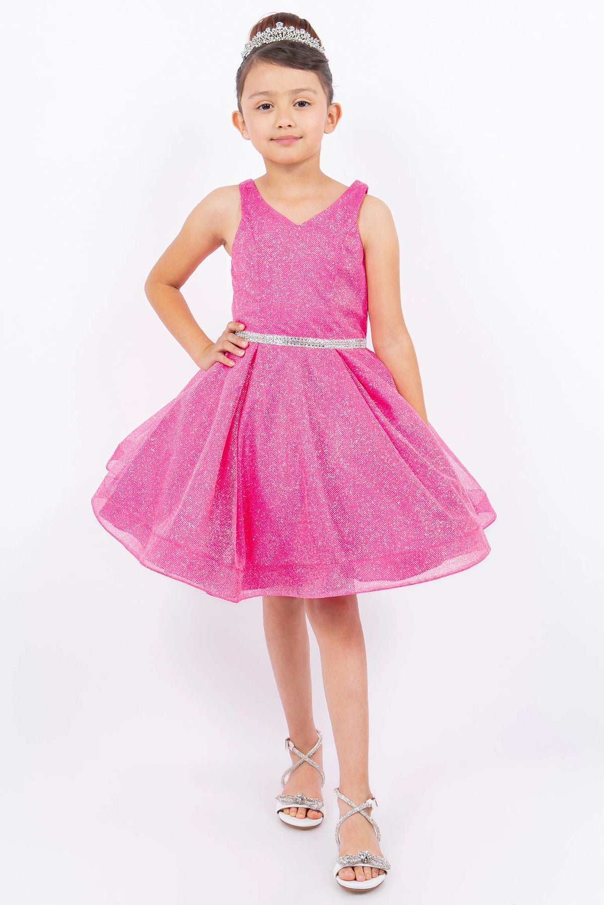 Glitter pleats flare beneath the sparkling waist of this Hot Pink kids dress.