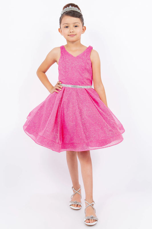 Glitter pleats flare beneath the sparkling waist of this Hot Pink kids dress.