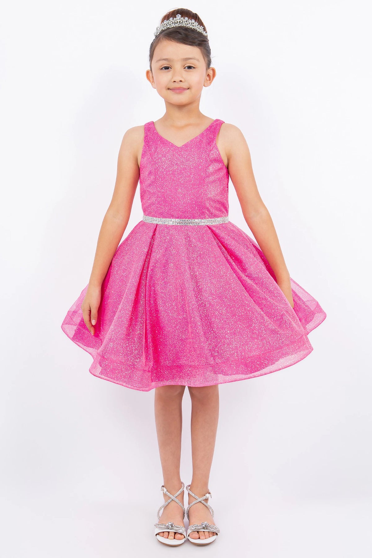 Sleeveless V-neck styling defines this Hot Pink kids dress with a full pleated skirt.