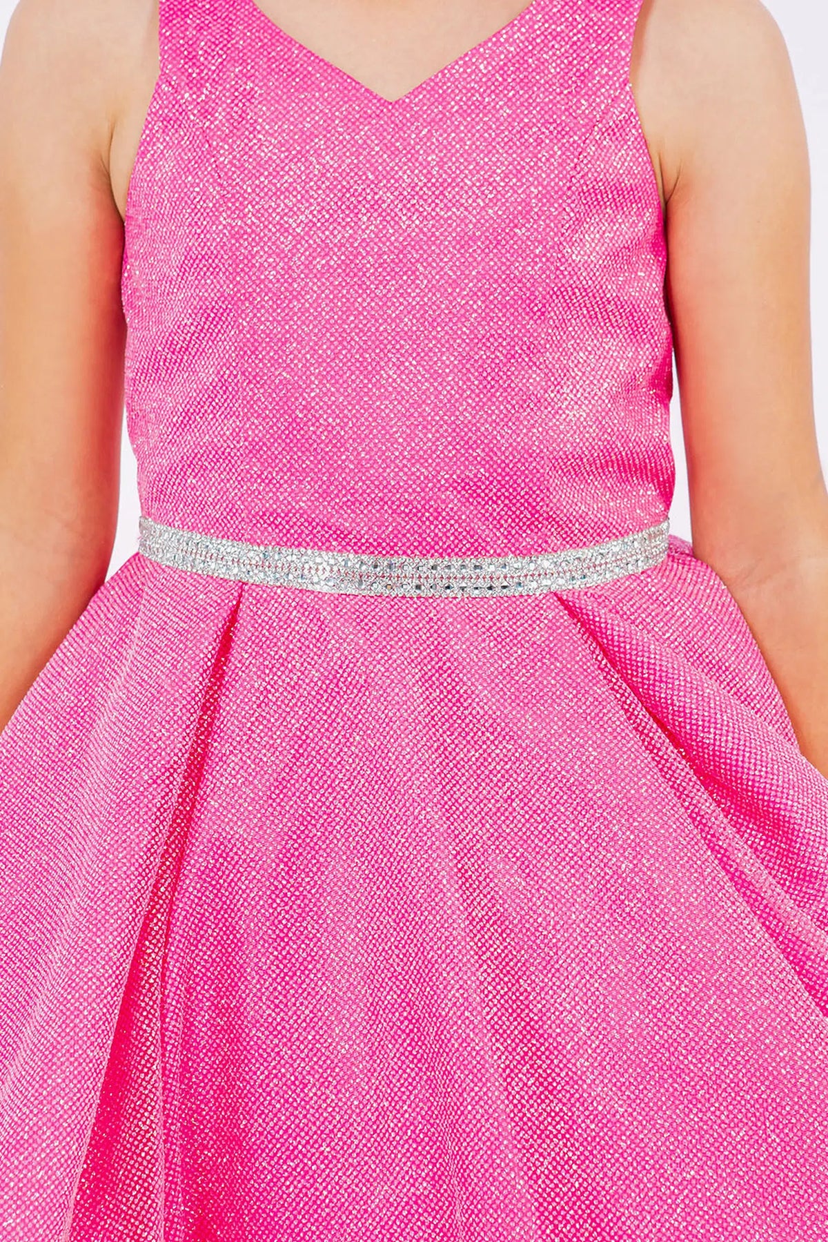 Rhinestone waistband accents the textured mesh of the Hot Pink kids dress.