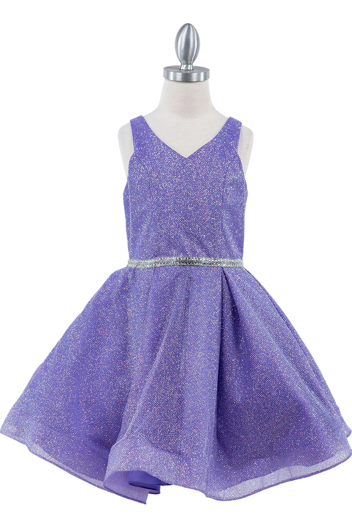 Showcasing with a glittered pleated skirt, this Lavendar kids party dress displays elegant detail.