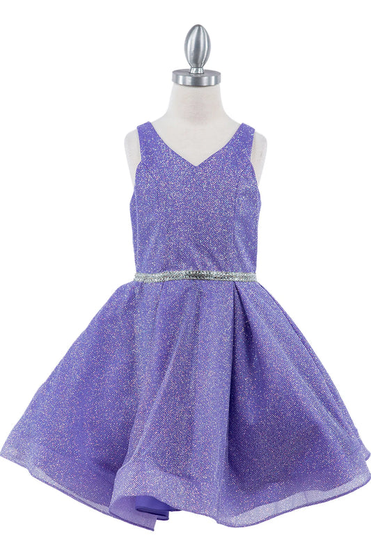 Showcasing with a glittered pleated skirt, this Lavendar kids party dress displays elegant detail.