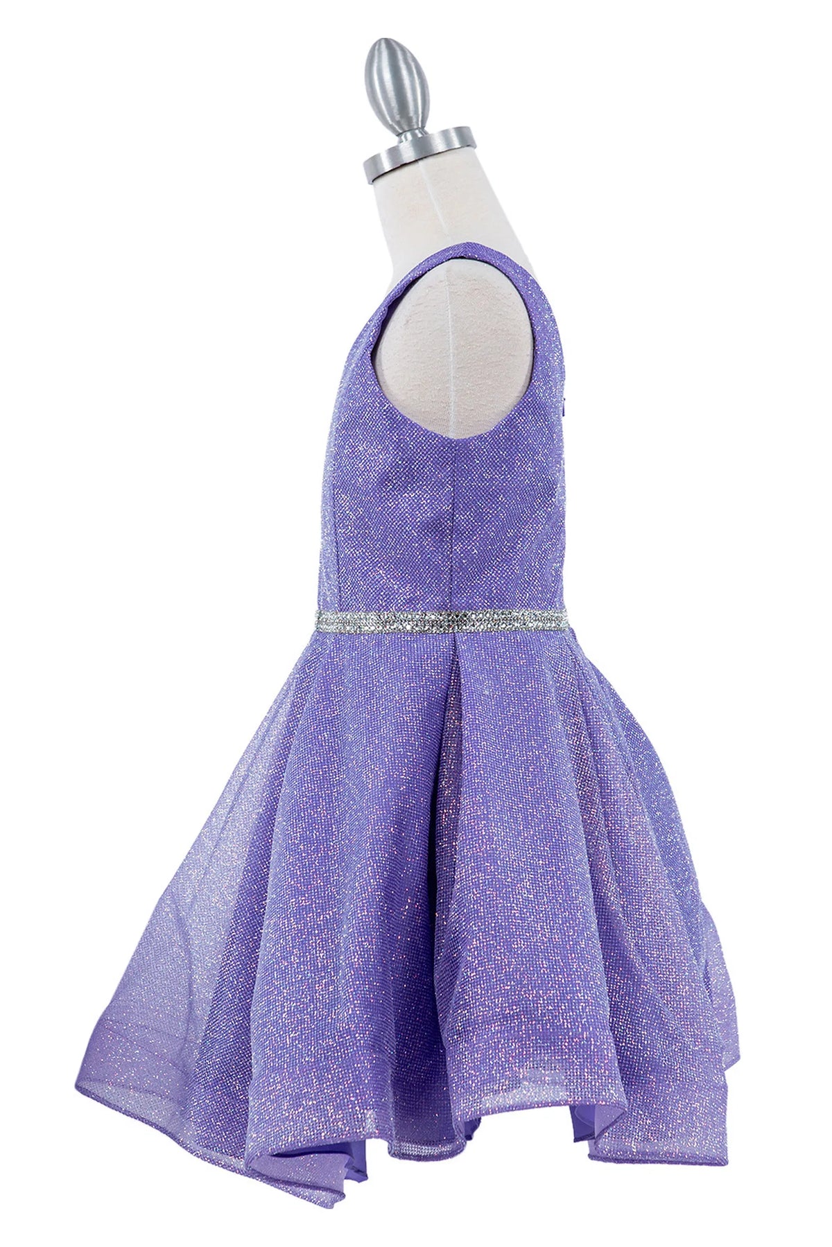 Featuring with a narrow sparkling waistband, this Lavendar kids party dress displays elegant detail.