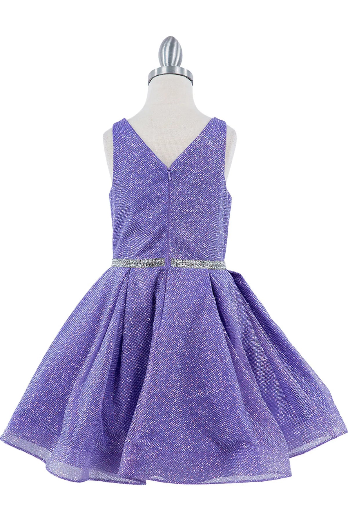 Finished details of a V-shaped back distinguish the Lavendar kids party dress.