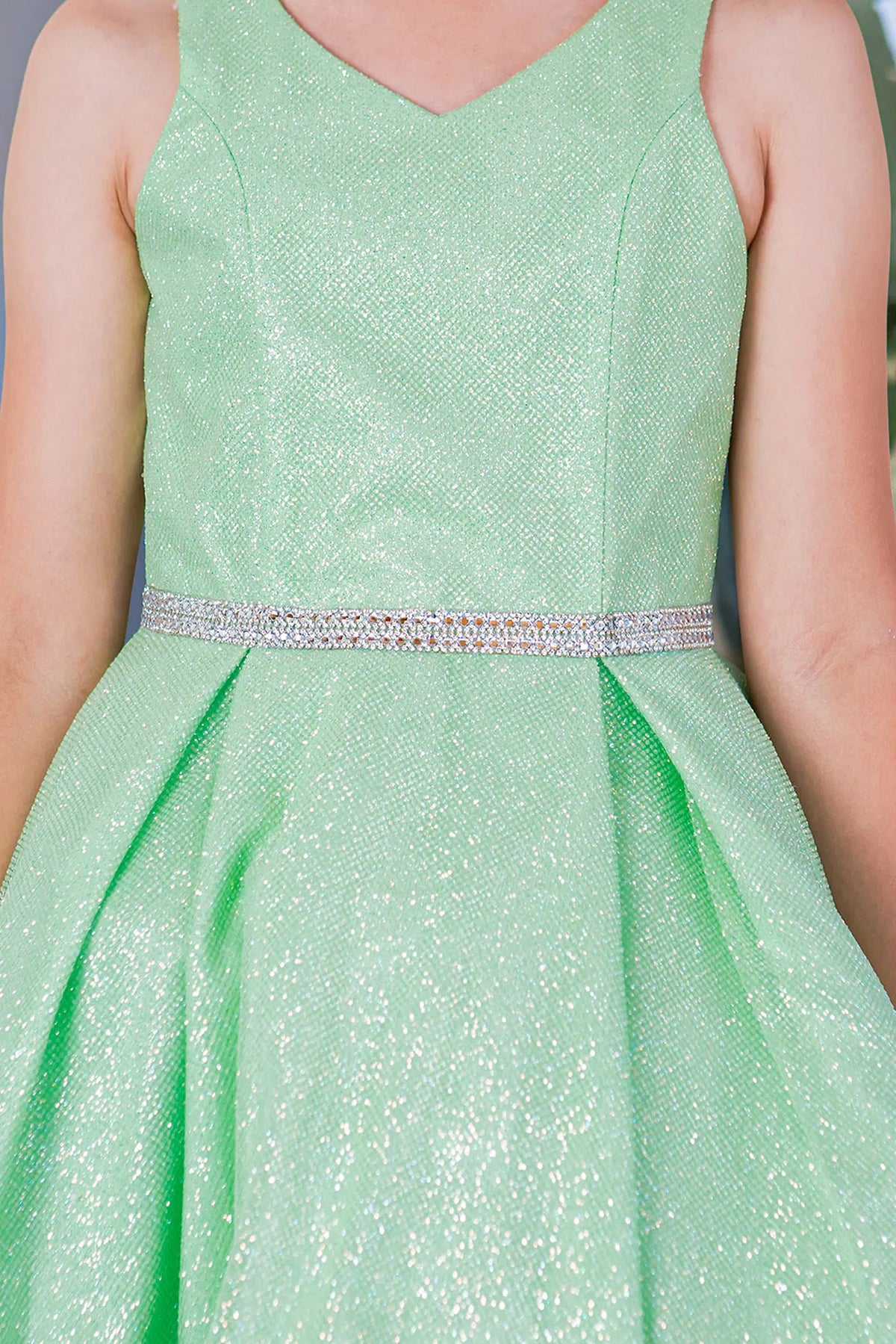 Accented a glittered pleated skirt adds character to this Lime kids party dress.
