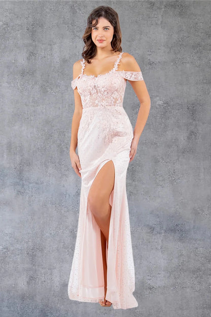 Full front view of a women wearing blush off-shoulder tulle prom dress with AB stones and 3D floral appliqués.