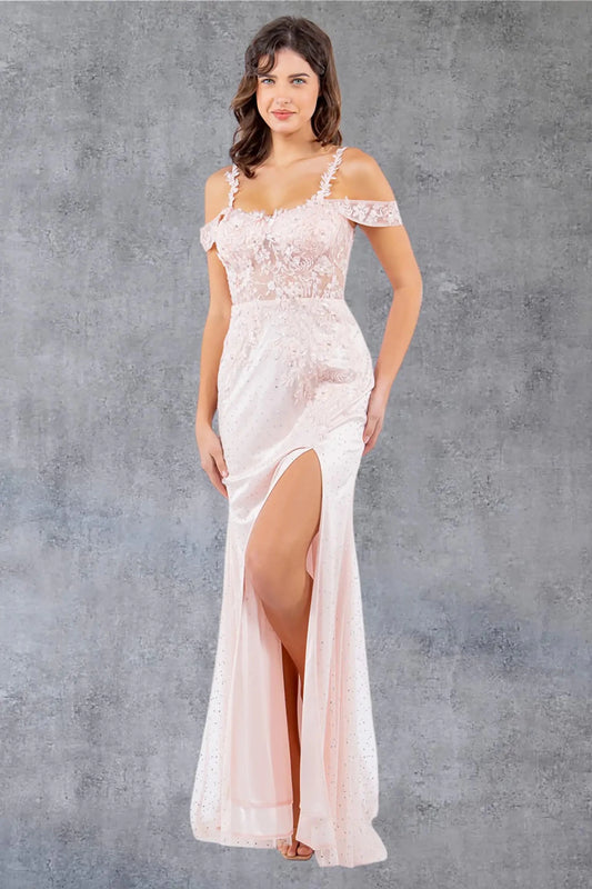 Full front view of a women wearing blush off-shoulder tulle prom dress with AB stones and 3D floral appliqués.