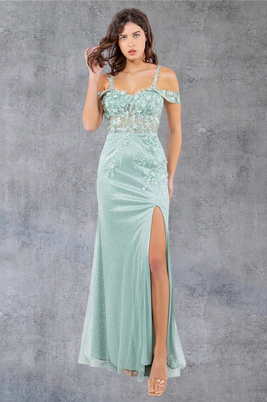 Full front view of a women wearing sage off-shoulder tulle prom dress with AB stones and floral appliqués.