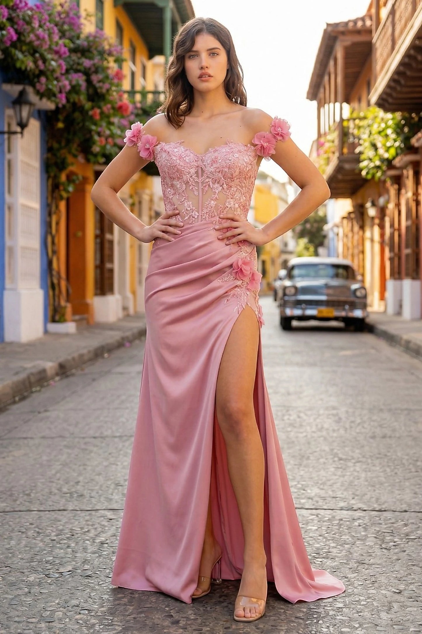 Rose Gold prom dress with sweetheart bodice and sheer panels