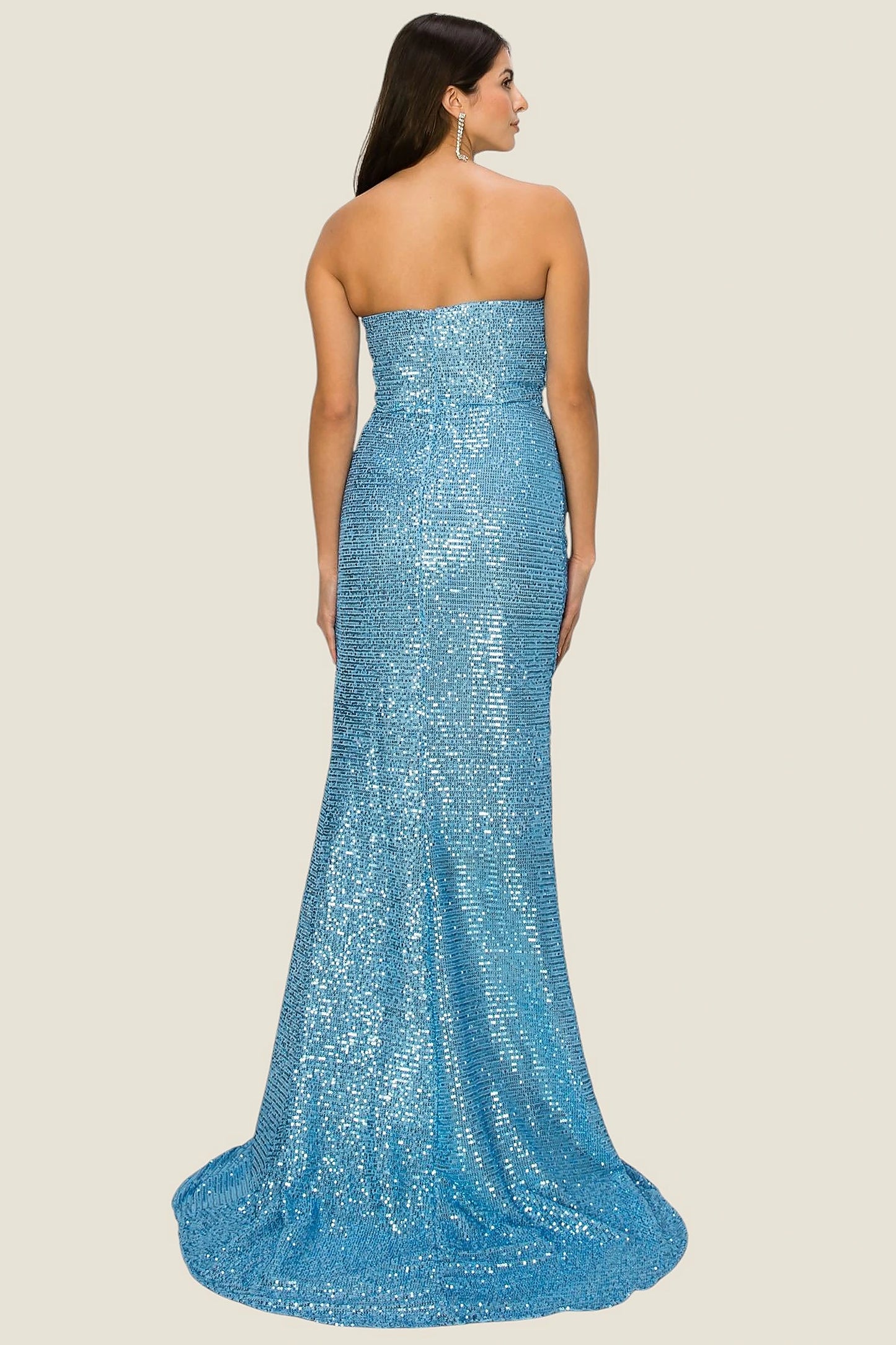 Blue evening dress completed with invisible zipper back closure