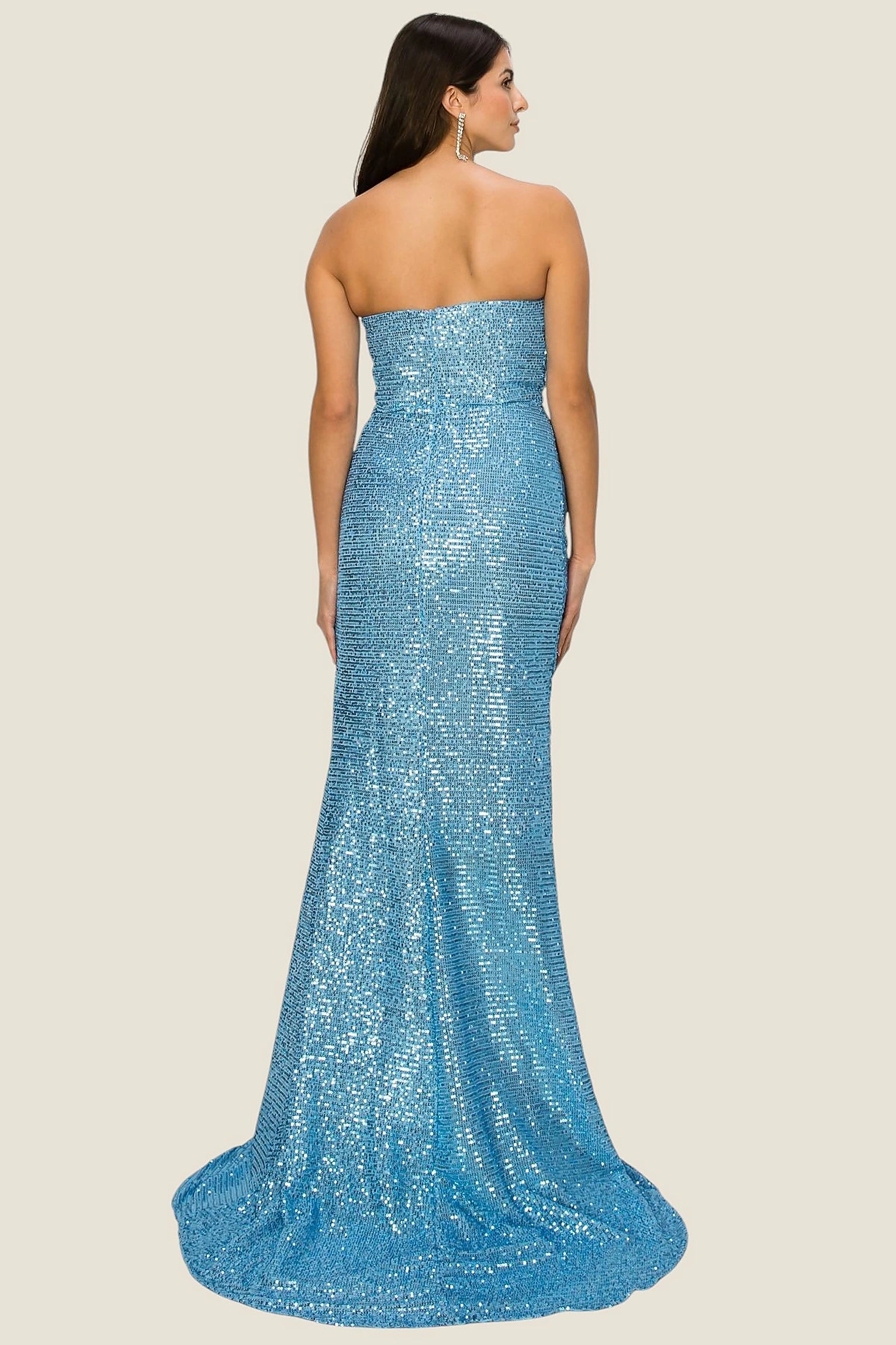 Blue evening dress completed with invisible zipper back closure