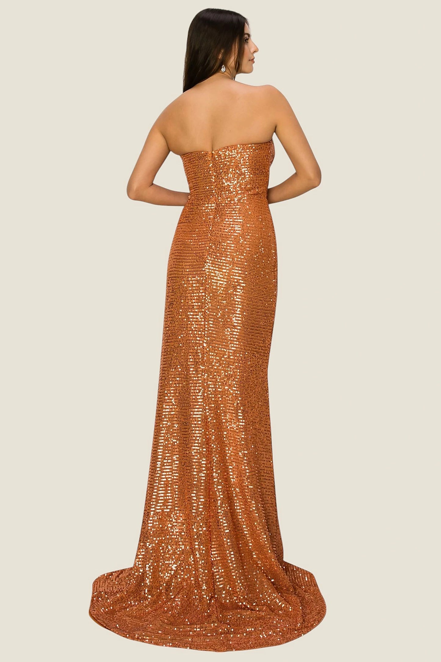 Orange evening dress completed with invisible zipper back closure