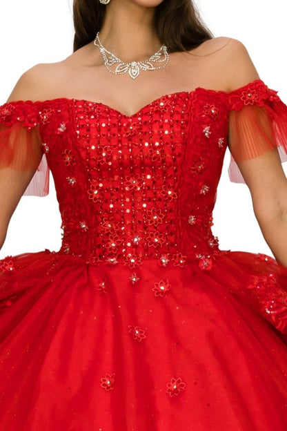 Red sequin dress with off-shoulder design on a white background