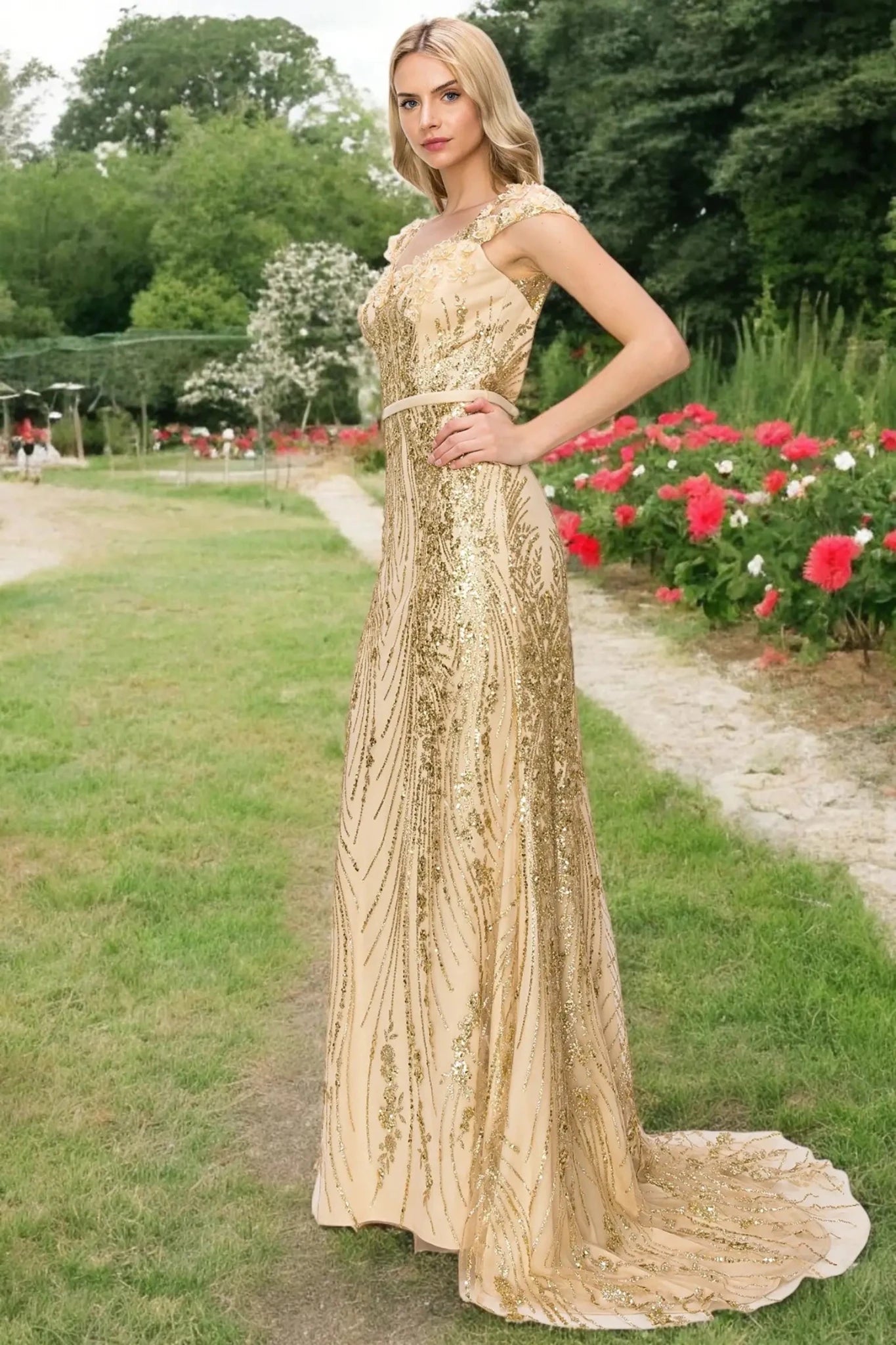 A side profile view of a woman wearing a champagne column prom dress, highlighting the sleek silhouette.