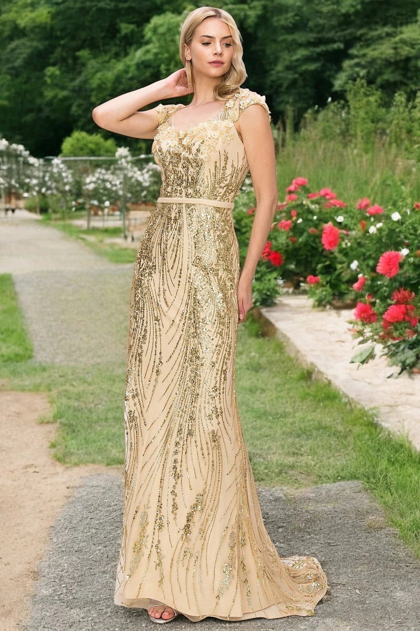 Champagne column dress showcasing floor-length skirt with straight column design