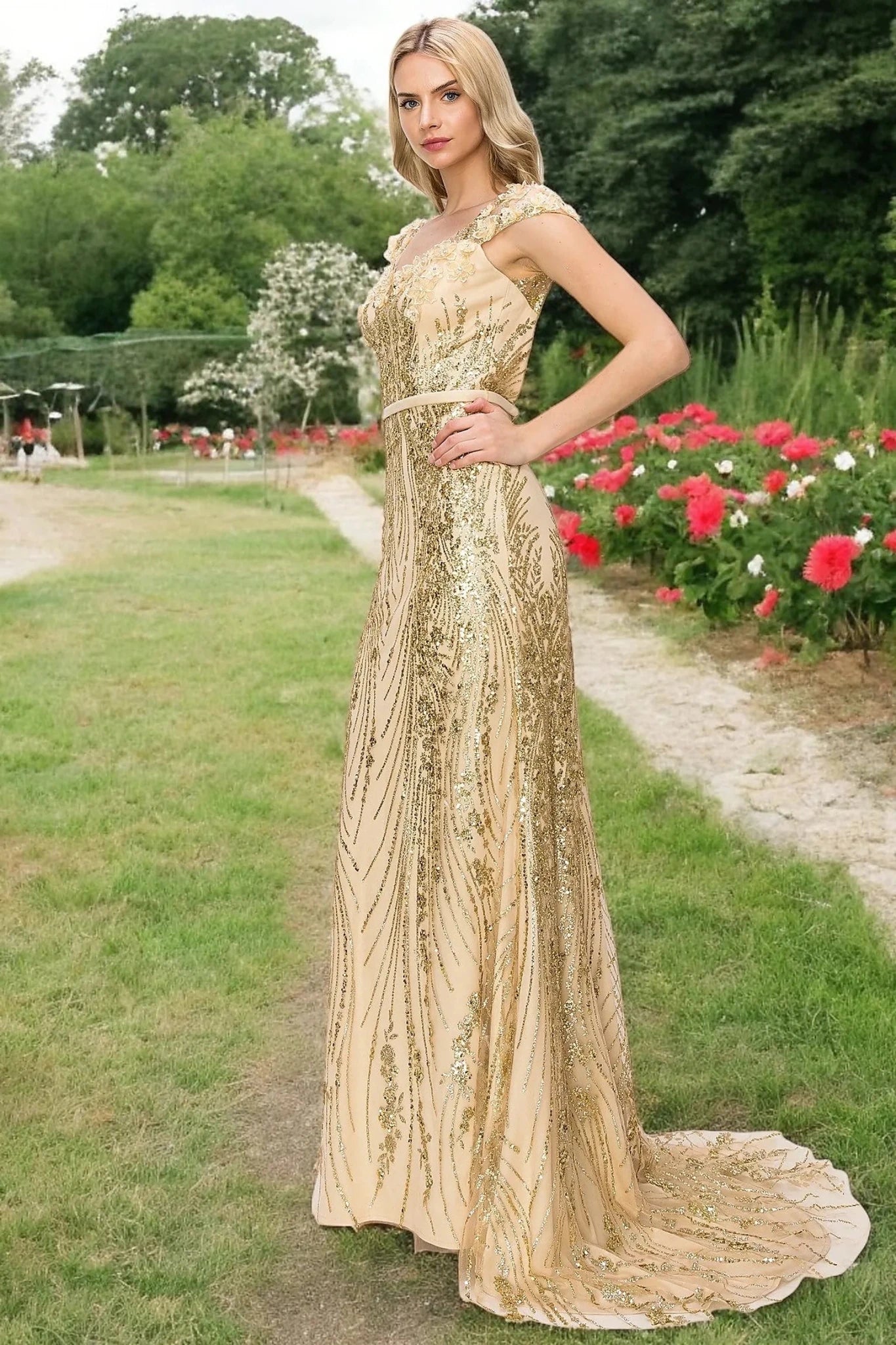 Champagne column dress completed with bra cup and fully lined interior