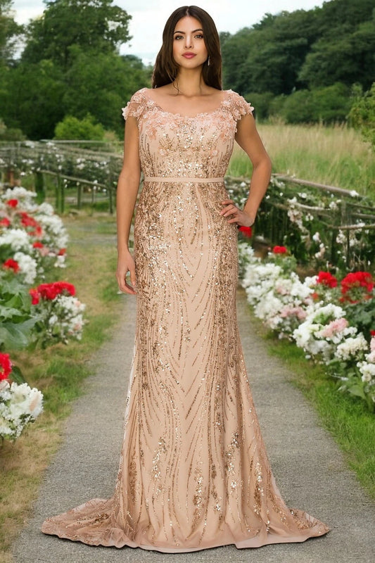 Gorgeous Rosegold Sequin 3D Floral Glitter Column Prom Dress