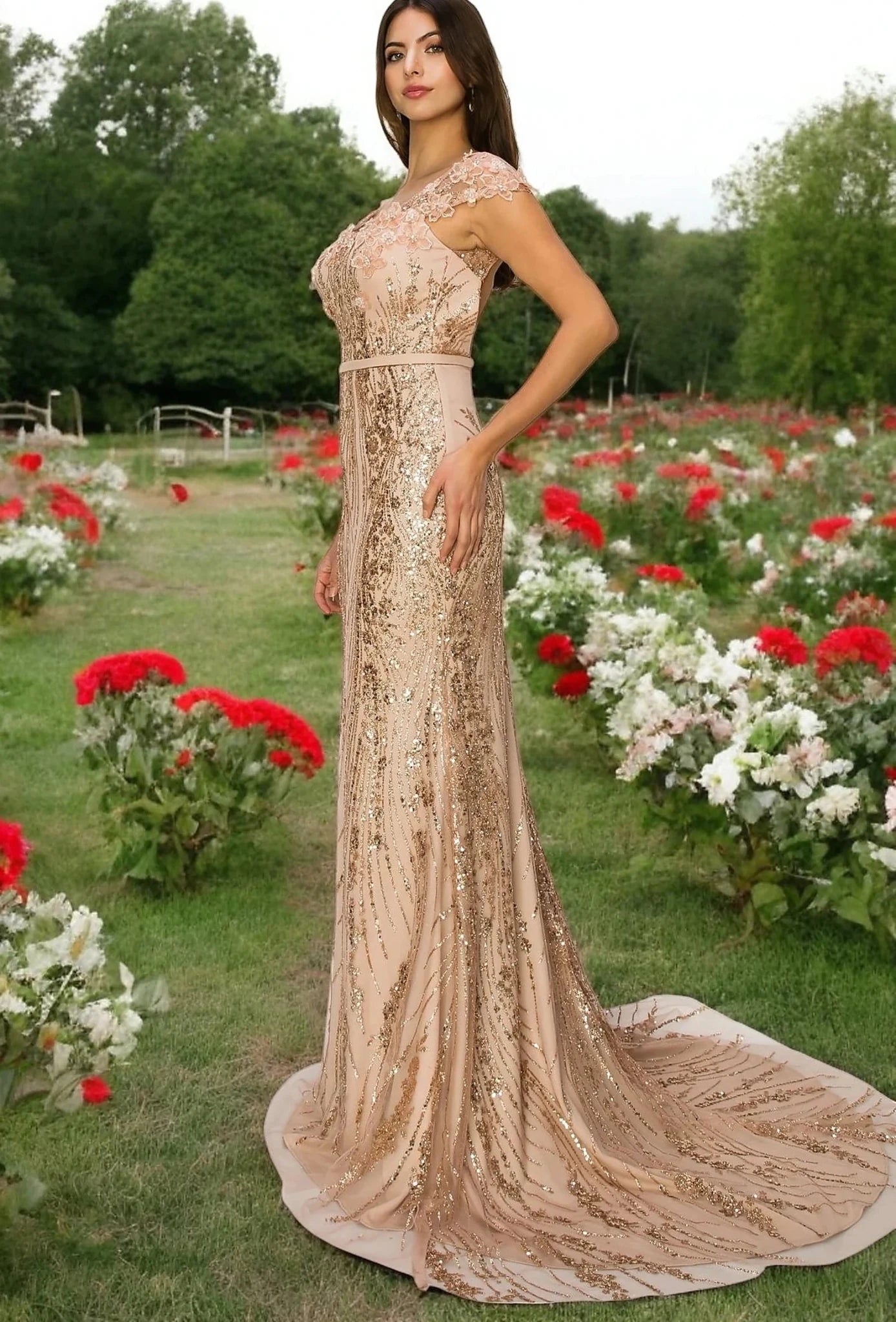 Rose Gold column dress showcasing floor-length skirt with straight column design