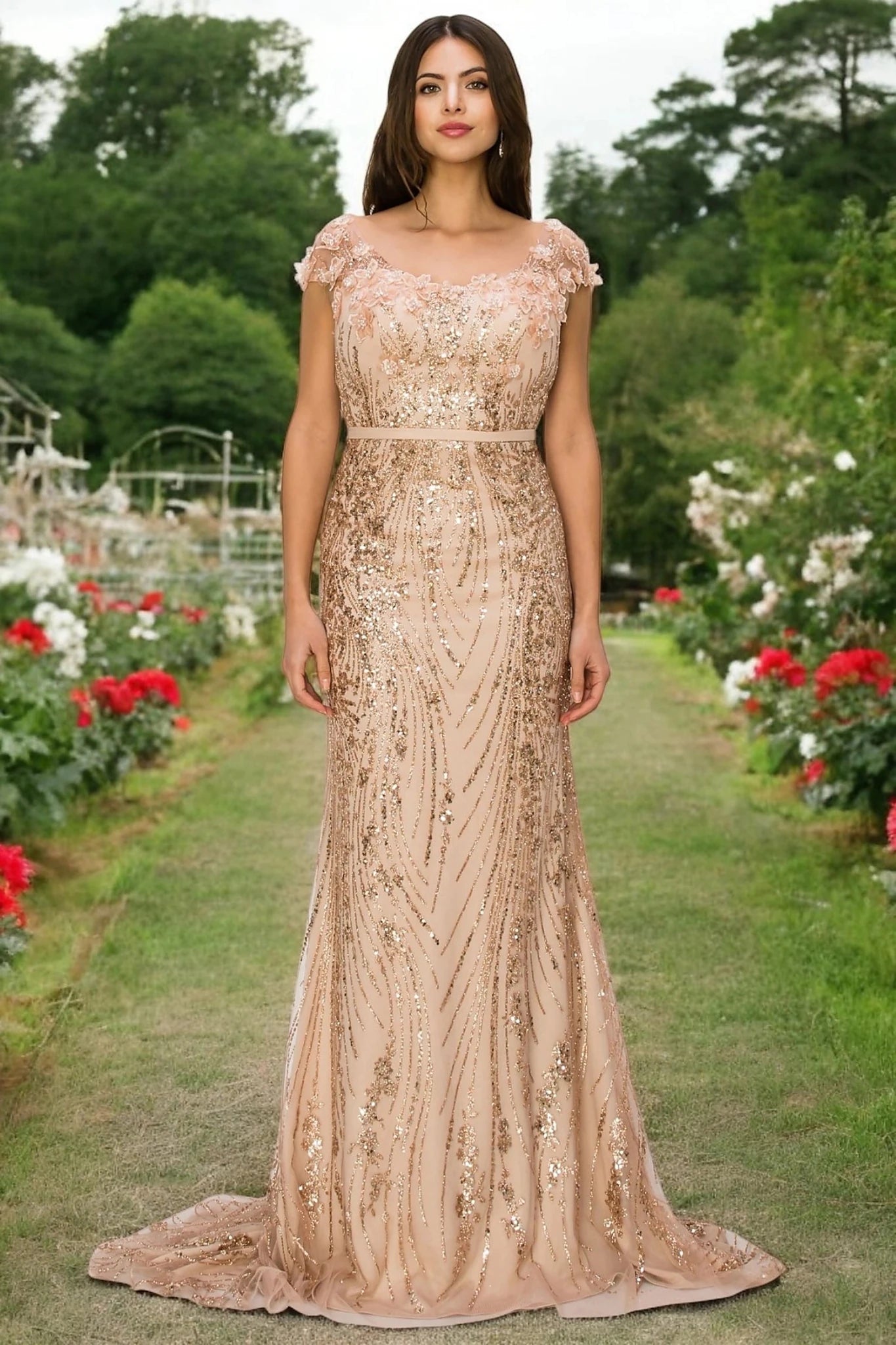 Rose Gold column dress completed with bra cup and fully lined interior