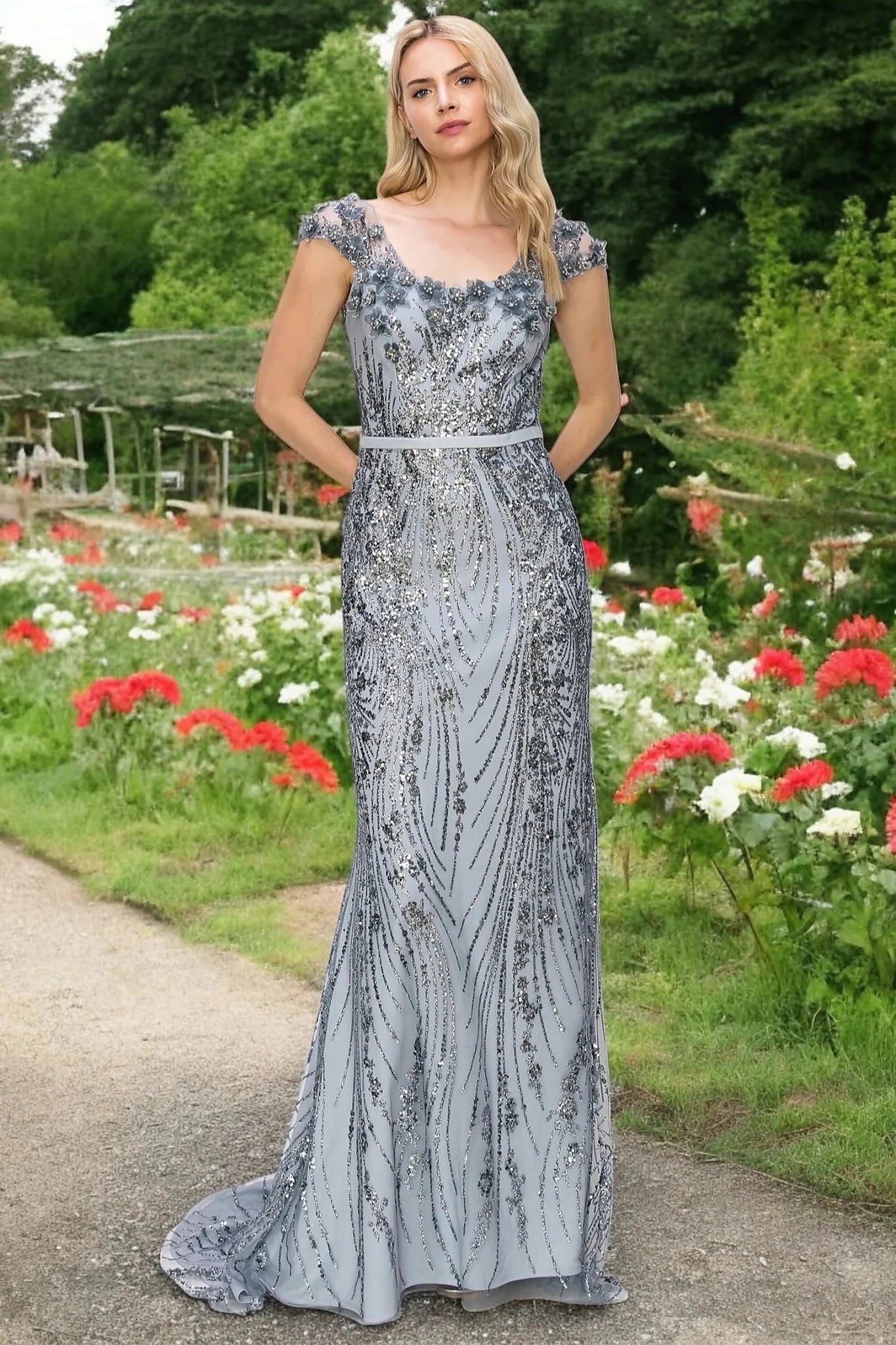 Silver column dress completed with bra cup and fully lined interior