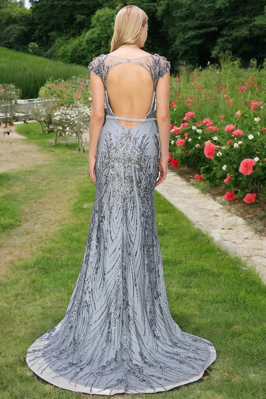 Ethereal Smoky Blue Sequin 3D Floral Glitter Column Prom Dress