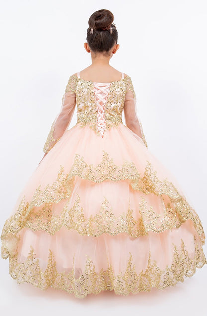 Kid wearing blush mini quince dress with long sleeve off-shoulder glitter tulle and back detail