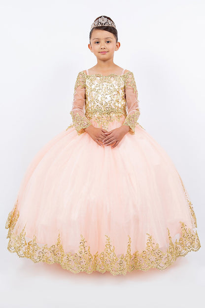 Kid wearing blush mini quince dress with long sleeve off-shoulder glitter tulle and front detail