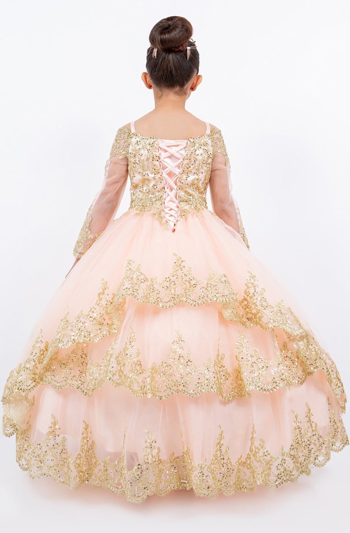 Blush mini quince dress with long sleeve off-shoulder glitter tulle and back detail.
