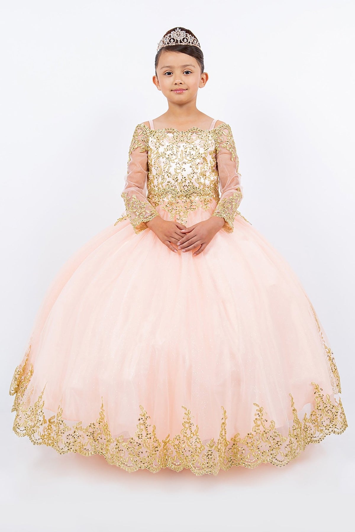 Blush mini quince dress with long sleeve off-shoulder glitter tulle and front detail.