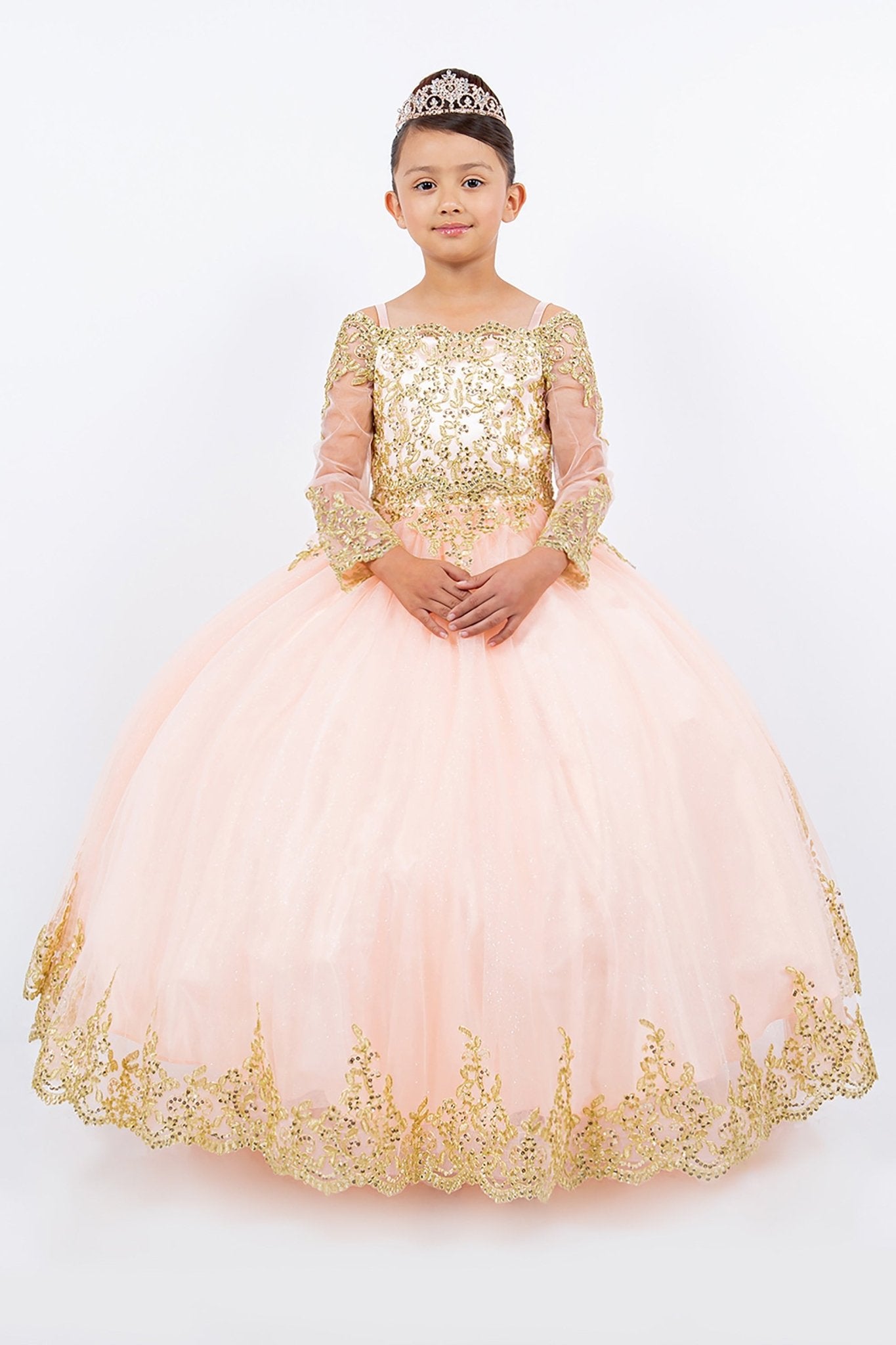 Blush mini quince dress with long sleeve off-shoulder glitter tulle and front detail.