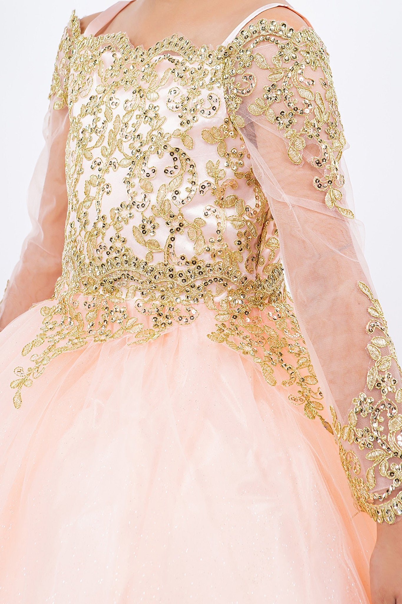 Blush mini quince dress with long sleeve off-shoulder glitter tulle and side zoom detail.