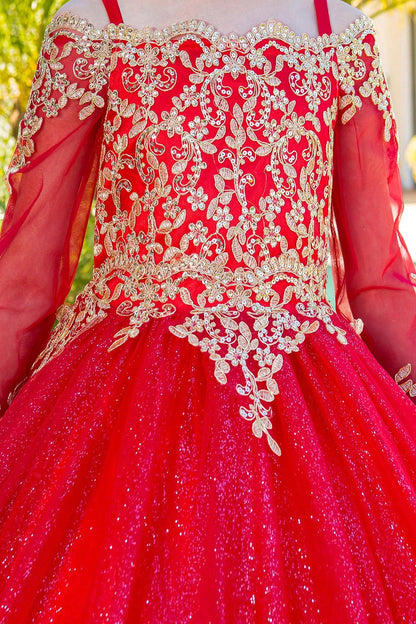 Shown in a bodice detail, the Red mini quince dress has gold lace embroidery across the neckline and sheer sleeves.