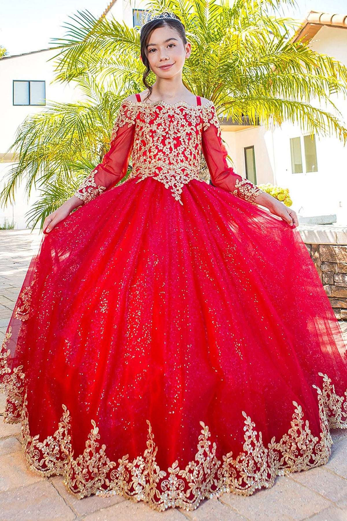 Red mini quince dress with long sleeve off-shoulder glitter tulle and front view.