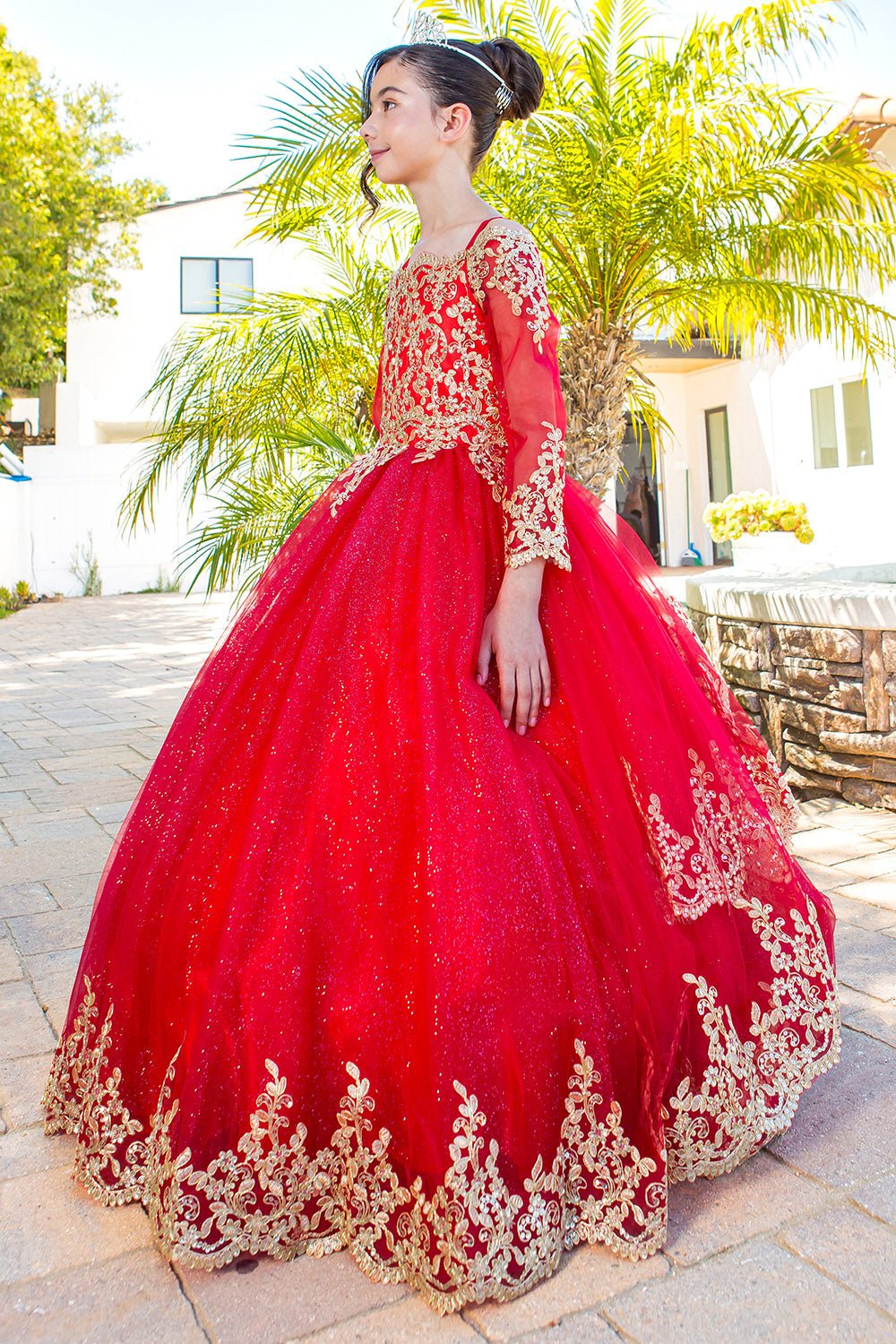 Red mini quince dress with long sleeve off-shoulder glitter tulle and side view.