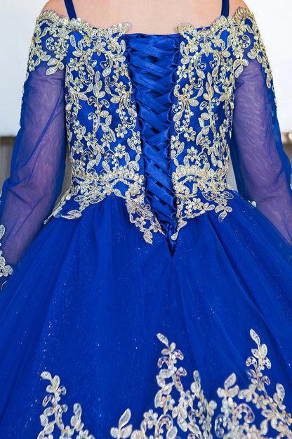 Viewed in a back detail, the Royal Blue mini quince dress has lace-up back and gold embroidered sheer sleeves.