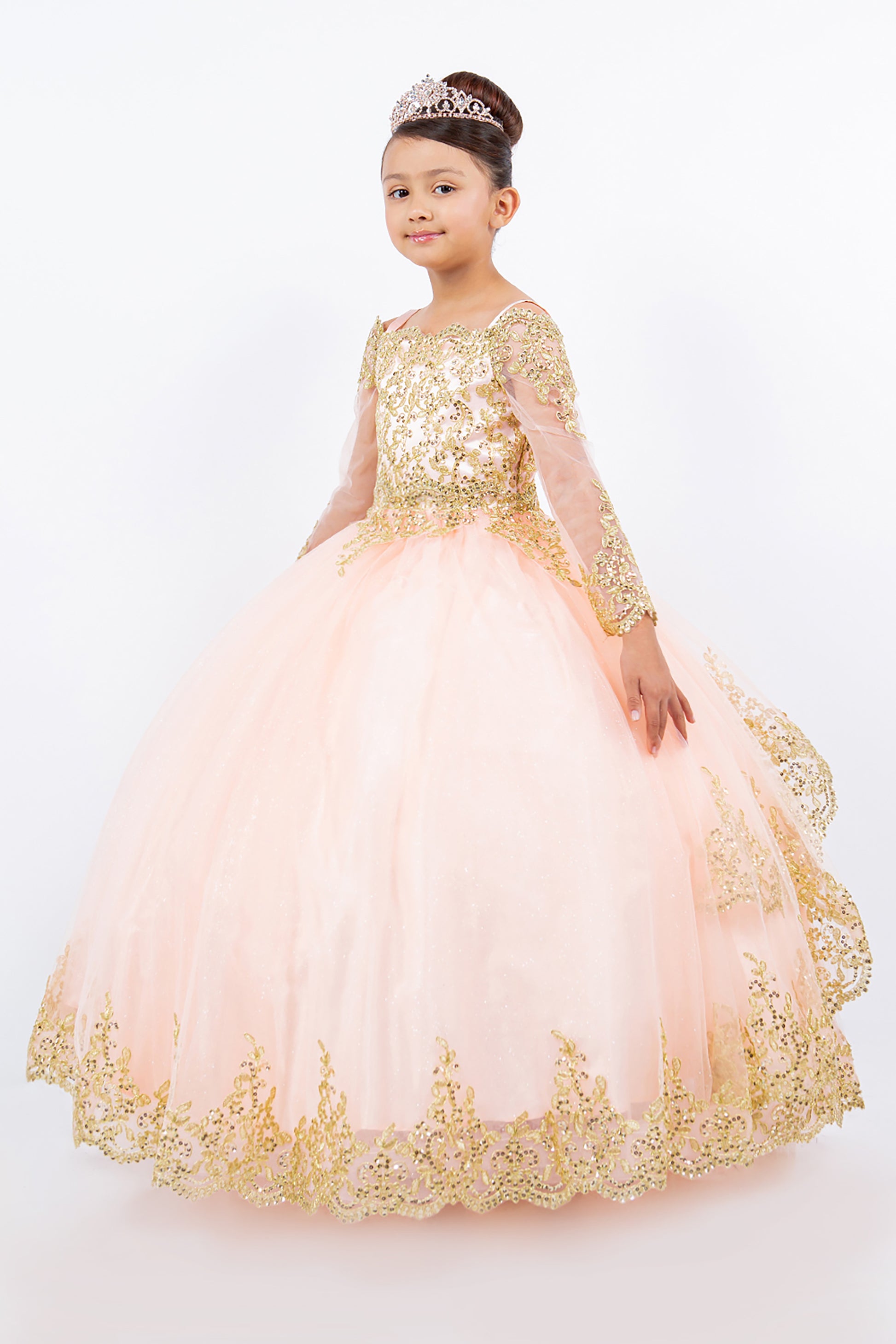 Mini Quince | Blush Long Sleeve Off-shoulder Glitter Tulle decorated with Gold Coil Lace Mini Quinceanera 3 Anos  Dress | Lara dress | 3 Colors Available side