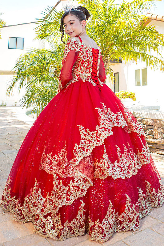 Mini Quince | Red Long Sleeve Off-shoulder Glitter Tulle decorated with Gold Coil Lace Mini Quinceanera 3 Anos  Dress | Lara dress | 3 Colors Available side