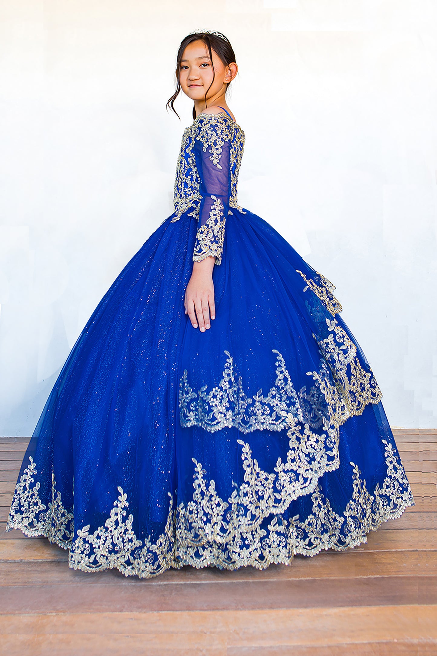 Mini Quince | Royal Blue Long Sleeve Off-shoulder Glitter Tulle decorated with Gold Coil Lace Mini Quinceanera 3 Anos  Dress | Lara dress | 3 Colors Available side