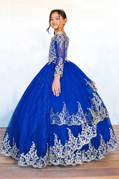 Royal Blue Kids Dress with Long Sleeve Off Shoulder Glitter Tulle and Gold Lace, Mini Quince Dress