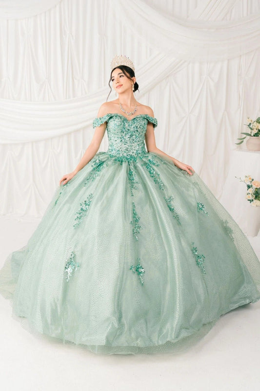 Detailed in a front view, the Sage quinceañera dress has off-shoulder floral sequin bodice and full glitter ball skirt.