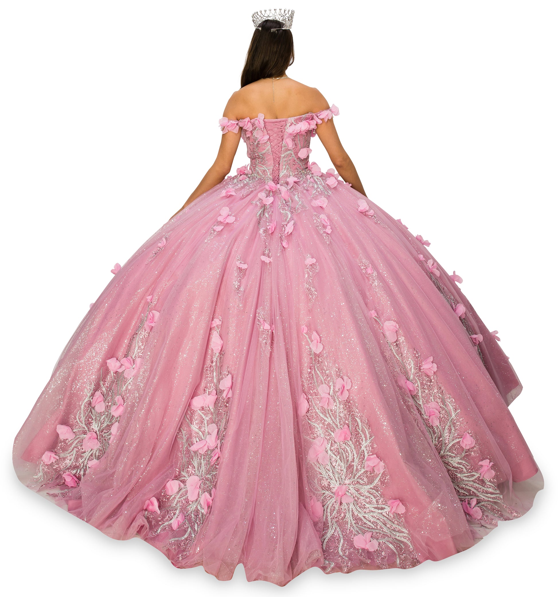 Quinceanera | Rose Off-shoulder Embroidered Stones with 3D Floral Applique Ball gown with Rhinestone shoulder strap | Kennedy dress | 3 Colors Available back