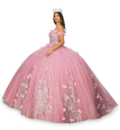 Quinceanera | Rose Off-shoulder Embroidered Stones with 3D Floral Applique Ball gown with Rhinestone shoulder strap | Kennedy dress | 3 Colors Available side