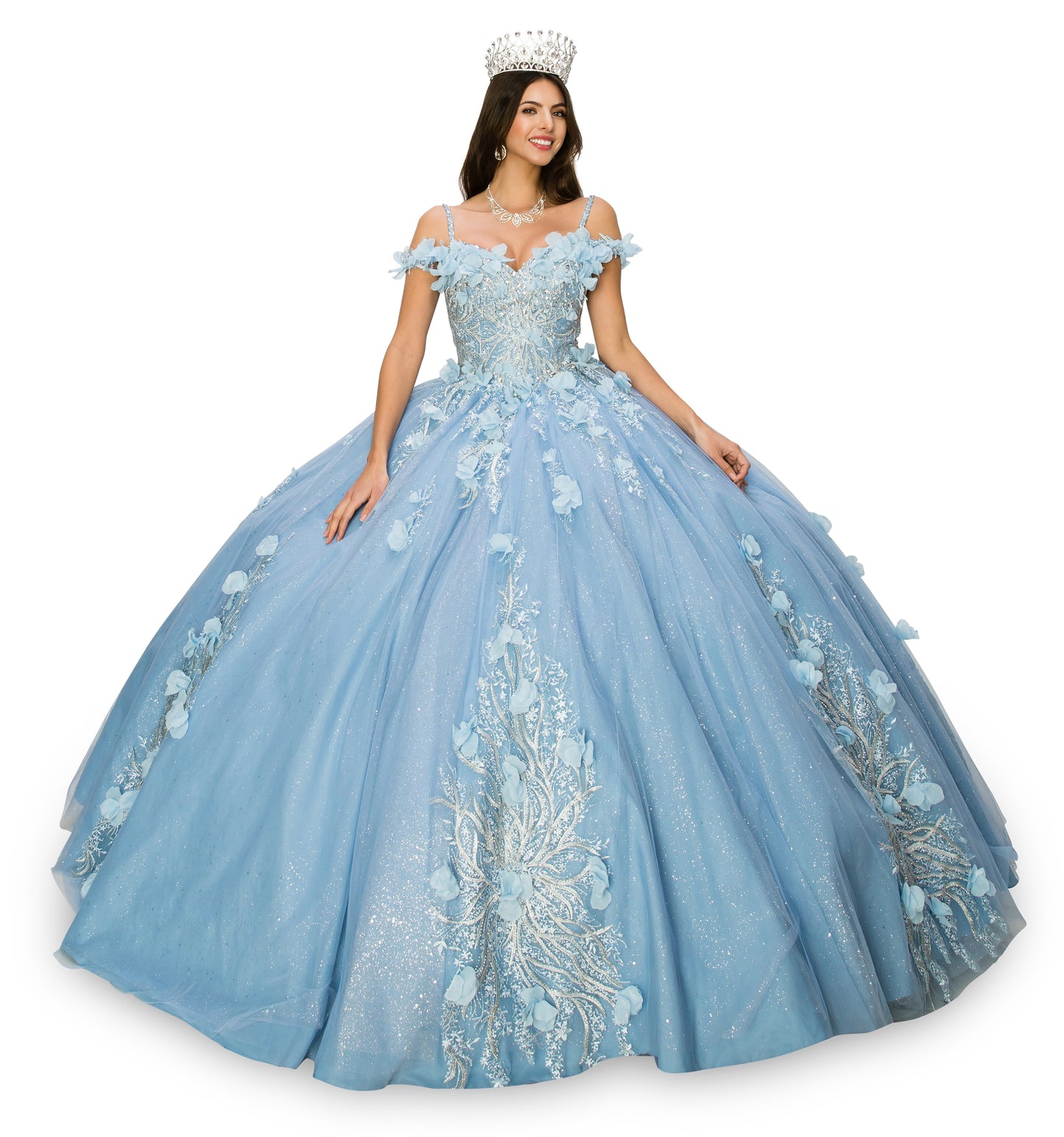 Quinceanera | Dusty Blue Off-shoulder Embroidered Stones with 3D Floral Applique Ball gown with Rhinestone shoulder strap | Kennedy dress | 3 Colors Available  front 