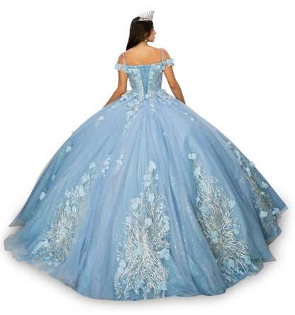 Quinceanera | Dusty Blue Off-shoulder Embroidered Stones with 3D Floral Applique Ball gown with Rhinestone shoulder strap | Kennedy dress | 3 Colors Available  back