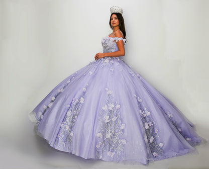 Quinceanera | Lilac Off-shoulder Embroidered Stones with 3D Floral Applique Ball gown with Rhinestone shoulder strap | Kennedy dress | 3 Colors Available side with tiara