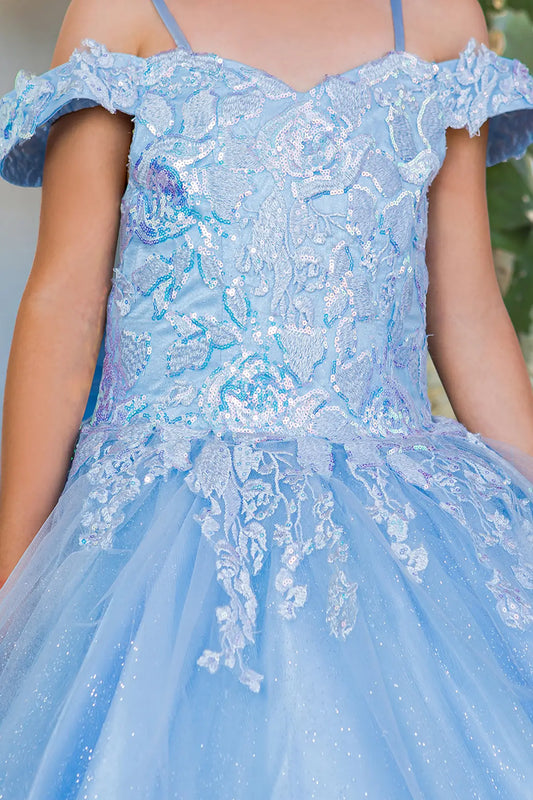 Blue close-up kids mini quinceañera ball gown with sequin lace, 3D floral accents and tulle fabric