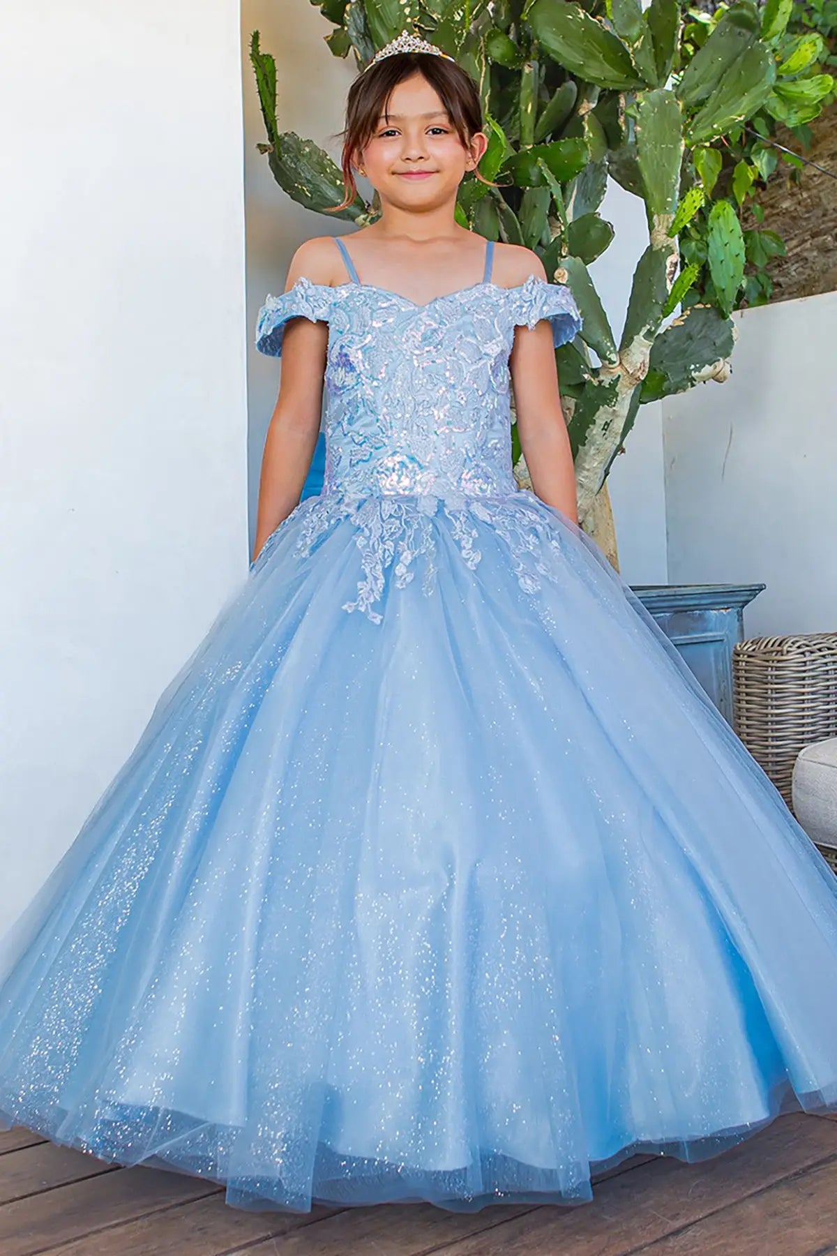 Blue front view kids mini quinceañera mini quince dress with off-shoulder lace, 3D floral applique and puffy tulle skirt.