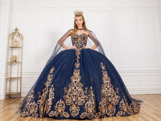 Quinceanera | Navy Off-shoulder Golden Lace Sweet 15 Ballgown with Detachable Shoulder Train | Alma J dress