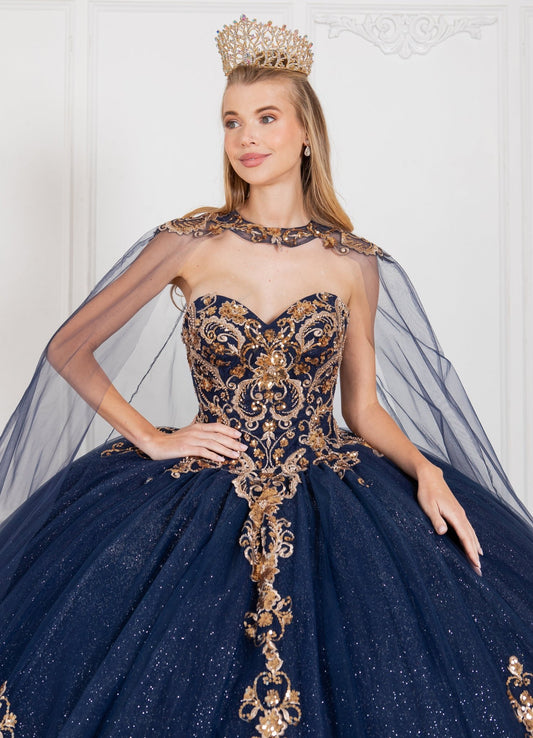 Quinceanera | Navy Off-shoulder Golden Lace Sweet 15 Ballgown with Detachable Shoulder Train | Alma J dress front zoom